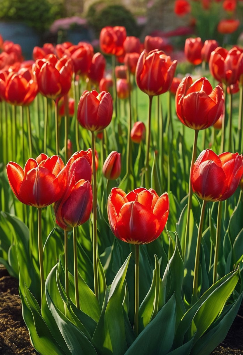 score_9, score_8_up, score_8, masterpiece, high detailed, very detailed,  HD, best quality, hyper detailed, ultra detailed, super realistic, close-up, macro 100mm, macro photography,
 incredibly beautiful (cf_style, red tulips, red and greencolor theme, , , , , , , , , , , , , textured composition, , , , , soft lighting, red carbon tulips) in bright and saturated colors. Let it be a magical garden filled with exotic plants and bright buds. Add a soft light that creates an atmosphere of calm and harmony. Include a variety of shapes and textures of colors to emphasize their beauty and uniqueness. The background can be blurred to focus on the colors. 
dynamic angle, dynamic lighting,