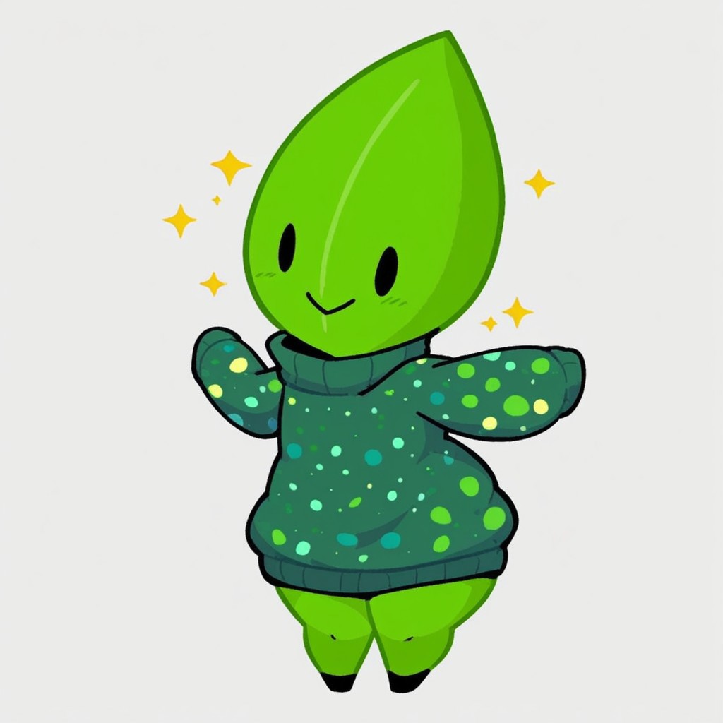 masterpiece, score_9, score_8_up, black outlines, cartoon style, minimalist design, LeaaffBfdi, full body, standing, digital art, 1girl, solo, female focus, anthropomorphic leaf,  from front, standing, leaf-shaped character, no humans, thick thighs, wide waist, huge thighs, black limbs, black arms, black legs, smooth green skin, bright highlights, central vein detail on leaf, dotted eyes, black eyes, cute expression, vibrant and clean colors, cheerful design, Teal sweater, sweater, speckled sweater, Sparkle sweater, stylized sweater, casual style, rounded sleeves, long sleeves, simple details, modern design, cozy sweater, clothing, white background