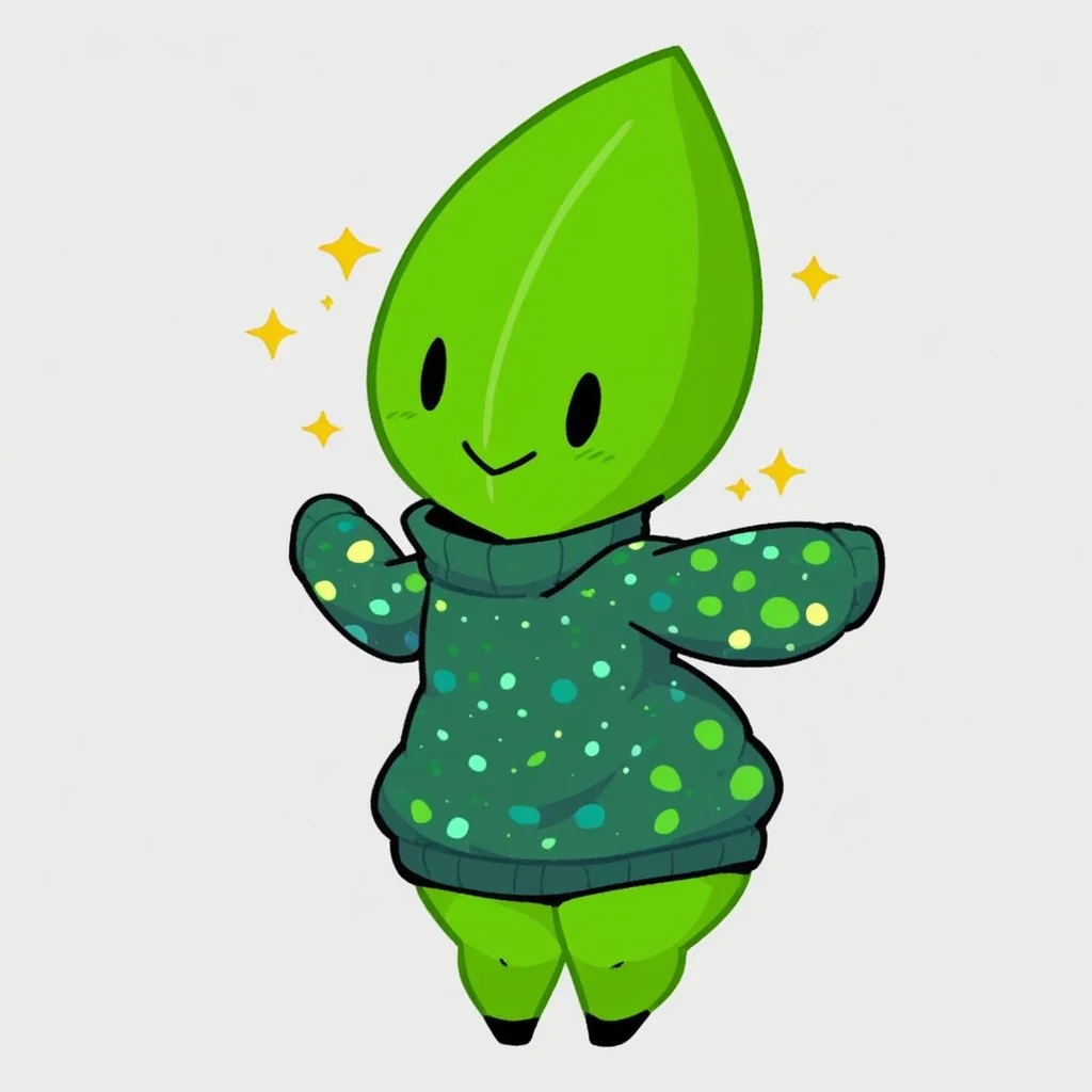 masterpiece, score_9, score_8_up, black outlines, cartoon style, minimalist design, LeaaffBfdi, full body, standing, digital art, 1girl, solo, female focus, anthropomorphic leaf, from front, standing, leaf-shaped character, no humans, thick thighs, wide waist, huge thighs, black limbs, black arms, black legs, smooth green skin, bright highlights, central vein detail on leaf, dotted eyes, black eyes, cute expression, vibrant and clean colors, cheerful design, Teal sweater, sweater, speckled sweater, Sparkle sweater, stylized sweater, casual style, rounded sleeves, long sleeves, simple details, modern design, cozy sweater, clothing, white background