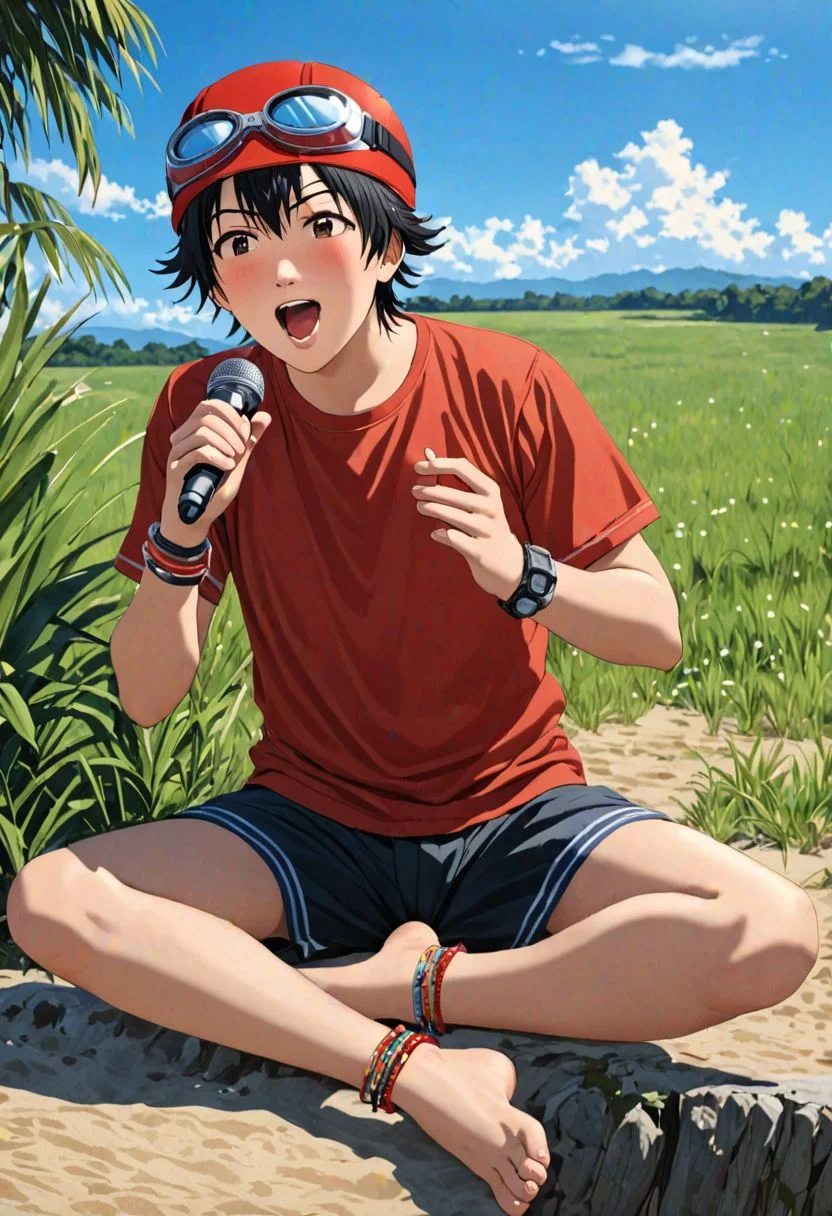 Highres, Masterpiece, High Quality, 4K, Yuusuke Fujisaki, 1boy, solo, black hair, singing, Realistic Light, candid photo, red hat, goggles, bracelet, anklet