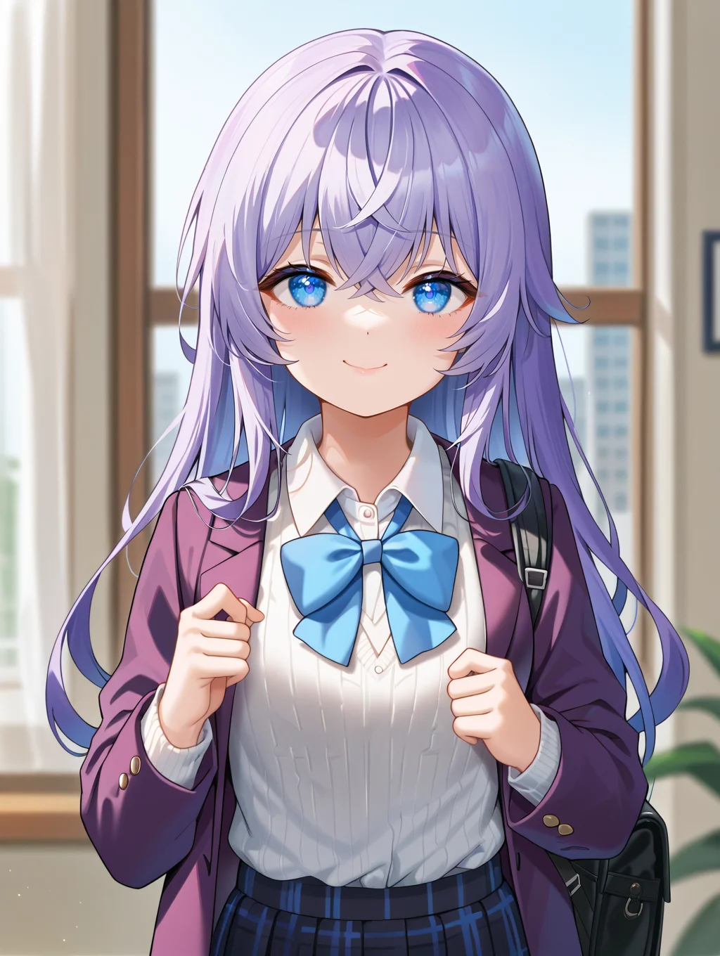 1girl,
solo, depth of field, smile, plaid, collared shirt, purple jacket, skirt, grey sweater vest, pleated skirt, black skirt, closed mouth, jacket, crossed bangs, looking at viewer, long sleeves, white shirt, bow, purple hair, upper body, neck ribbon, bowtie, blue eyes, sidelocks, blue bowtie, open clothes, shirt, open jacket, blazer, ribbon, blurry background, dress shirt, long hair, blurry, blue bow, hair between eyes, plaid skirt,
A young girl with purple hair and blue eyes. she is standing in front of a window with white curtains. she has a backpack slung over her shoulder and is holding onto the handle of the door with both hands. the background is blurred, but it appears to be an indoor space with large windows that let in natural light.
score_9, score_8_up, score_7_up, source_anime
<lora:style016:0.8>
