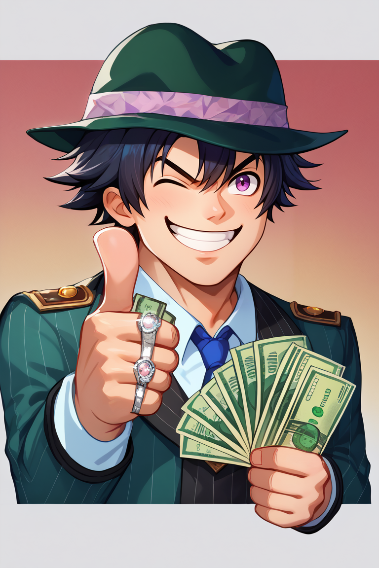 score_9, score_8_up, score_7_up, BREAK,  <lora:gangstersb-guy-PONYv1:1>, gangstersb, thumbs up, one eye closed, grin, smile, money, holding money, portrait, cropped torso, ring, formal, hat, necktie, suit, striped, solo,  <lora:rean-pdxl-nvwls-v1:0.9> sen1rean, black hair, 1boy, solo,