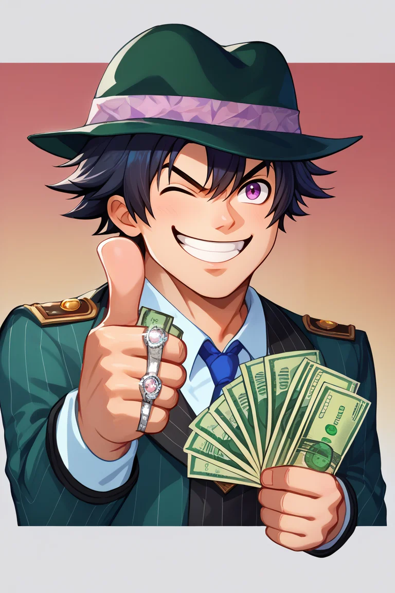 score_9, score_8_up, score_7_up, BREAK,  <lora:gangstersb-guy-PONYv1:1>, gangstersb, thumbs up, one eye closed, grin, smile, money, holding money, portrait, cropped torso, ring, formal, hat, necktie, suit, striped, solo,  <lora:rean-pdxl-nvwls-v1:0.9> sen1rean, black hair, 1boy, solo,