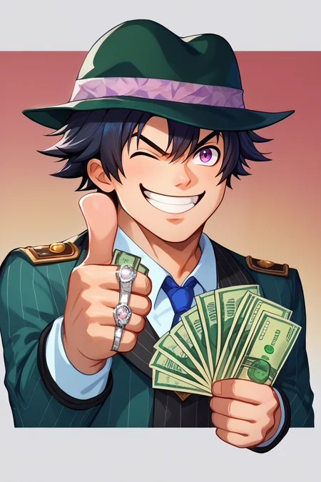 score_9, score_8_up, score_7_up, BREAK,  <lora:gangstersb-guy-PONYv1:1>, gangstersb, thumbs up, one eye closed, grin, smile, money, holding money, portrait, cropped torso, ring, formal, hat, necktie, suit, striped, solo,  <lora:rean-pdxl-nvwls-v1:0.9> sen1rean, black hair, 1boy, solo,