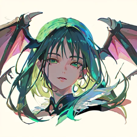 illustration, detail face, detail eye, bat wings, bat print, green hair, green iris, semi-realistic, female, Morrigan_Aensland15000