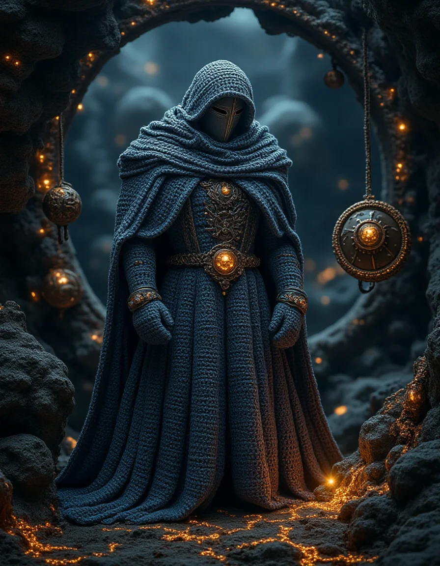 A time traveler cloaked in intricate crocheted garments in the ral-kntarmr style, designed with swirling patterns that resemble the flow of time. The colors shift between shimmering silver, deep cobalt, and golden bronze, with the fabric seeming to ripple with energy. Their crocheted gauntlets feature glowing hourglass symbols, and their belt holds tiny crocheted gears and cogs. They stand in a cosmic nexus where threads of glowing light stretch infinitely in all directions, connecting floating, clock-like mechanisms and ancient, crocheted relics that seem suspended in time
<lora:ral-kntarmr-flux-000007:1>