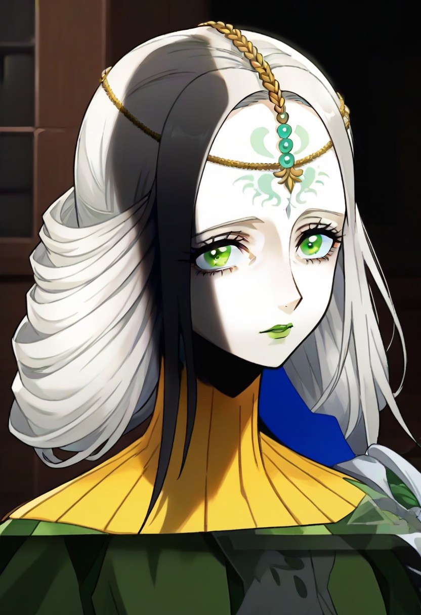 source_anime, 1girl, white skin, grey hair, forehead tattoo, green eyes, green lips, hair decoration, head chain, wrinckles, high yellow collar, medieval dress, white and green dress,<lora:Joanna_-_Metaphor_ReFantazio_-_Pony:1>