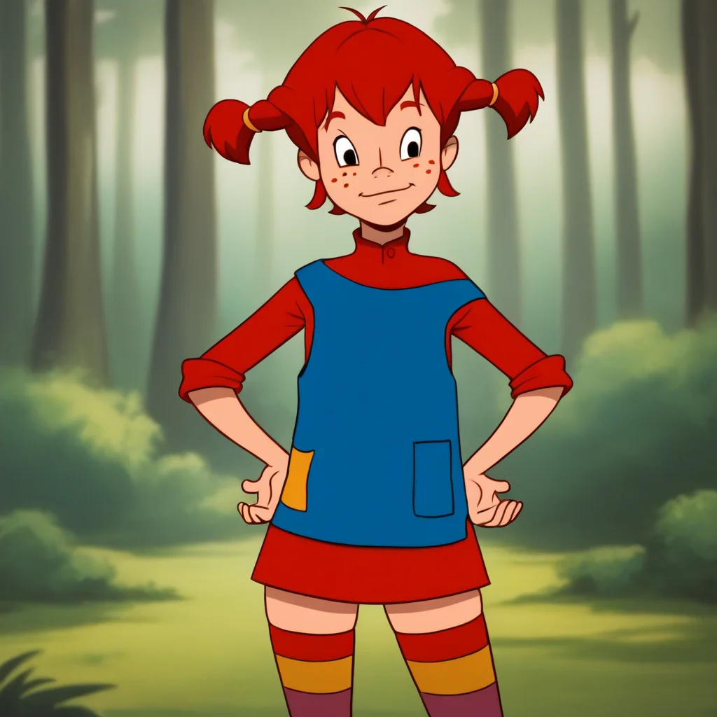 score_7_up, BREAK, Pippi, 1girl, solo, red hair, short twintails, black eyes, freckles,  red dress, blue overalls, thighhighs, striped,  mismatched legwear, multicolored legwear <lora:Pippi_Longstocking_PXL_Leaf1:1>, forest, blurry background,  cowboy shot, hands on own hips,