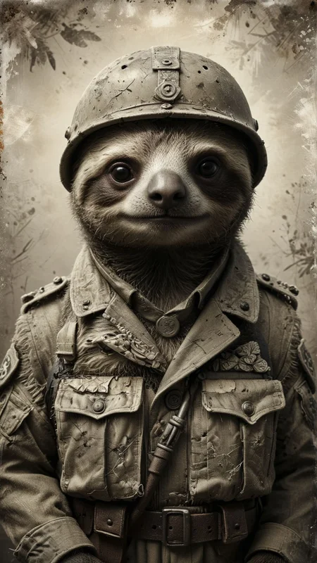 Photograph of an anthropomorphic [cute little sloth] in the style of WW2 soldiers, in the vintage photography style, black & white, grainy texture, aged photo 
award winning artwork,
many details, extreme detailed, full of details,
Wide range of colors., Dramatic,Dynamic,Cinematic,Sharp details
Insane quality. Insane resolution. Insane details. Masterpiece. 32k resolution.
 <lora:add-detail-xl:0.65> <lora:casting shadow style v2:0.1> casting shadow style, cucoloris patterned illumination <lora:CinematicStyle_v1:0.1> <lora:Disturbia:0.15> <lora:dvr-lnds-sdxl:0.1> dvr-lnds-sdxl <lora:MJ52:0.2> <lora:princess_xl_v2:0.1>  <lora:ral-dissolve:0.1> ral-dissolve <lora:ral-ertmsphr:0.1> ral-ertmsphr  <lora:ral-porcelain:0.3> ral-porcelain <lora:ral-pxlprtcl:0.31> ral-pxlprtcl  <lora:xl_more_art-full_v1:0.5>