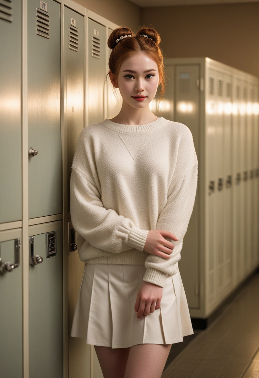 (medium full shot) of (supermodel teacher) young woman, japanese, dark brown eyes, pale skin, pale skin, brown eyes, willowy build, long ginger double buns hair, wearing a pearl white soft sweater, wool skirt, kitten heels,  elegant wristwatch, soft lipstick, set in  Locker Room, Dimly lit space with metal lockers lining the walls, wooden benches for seating, a row of shower stalls with frosted glass doors, damp towels hanging on hooks, a faint scent of soap lingering in the air, at sunset, smiling at the viewer, Masterpiece,best quality, photorealistic, amazing quality, very aesthetic, extremely detailed face,