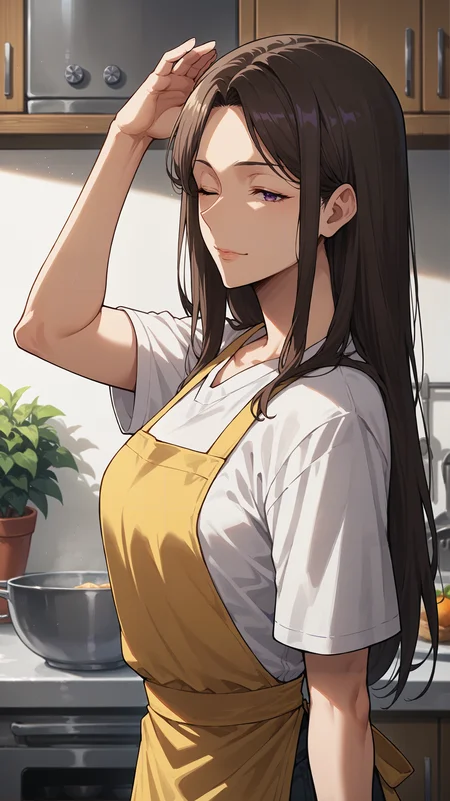 score_9,score_8_up,score_7_up,score_6_up, source_anime, woman, winking, dynamic pose, <lora:Kyung-Hye Park - Pony-000004:0.8>, older, aged up, long hair, brown hair, purple eyes, white shirt, yellow apron, kitchen, soft colors, upper body,