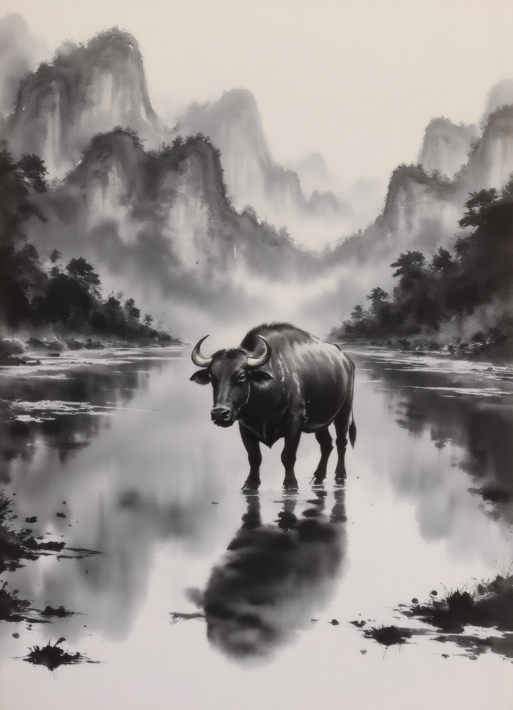 zydInk, , a serene landscape featuring a prominent water buffalo standing in a shallow, reflective pool. The water buffalo, positioned slightly to the right, dominates the foreground with its robust, muscular body and curved horns. Its dark, textured hide contrasts sharply with the lighter tones of the water and surrounding vegetation. 
The background is dark black, showcases a lot of black mountains