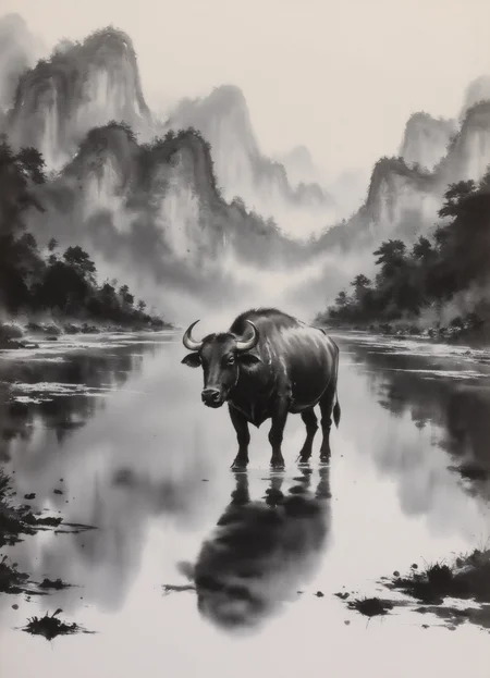 zydInk, , a serene landscape featuring a prominent water buffalo standing in a shallow, reflective pool. The water buffalo, positioned slightly to the right, dominates the foreground with its robust, muscular body and curved horns. Its dark, textured hide contrasts sharply with the lighter tones of the water and surrounding vegetation.
The background is dark black, showcases a lot of black mountains