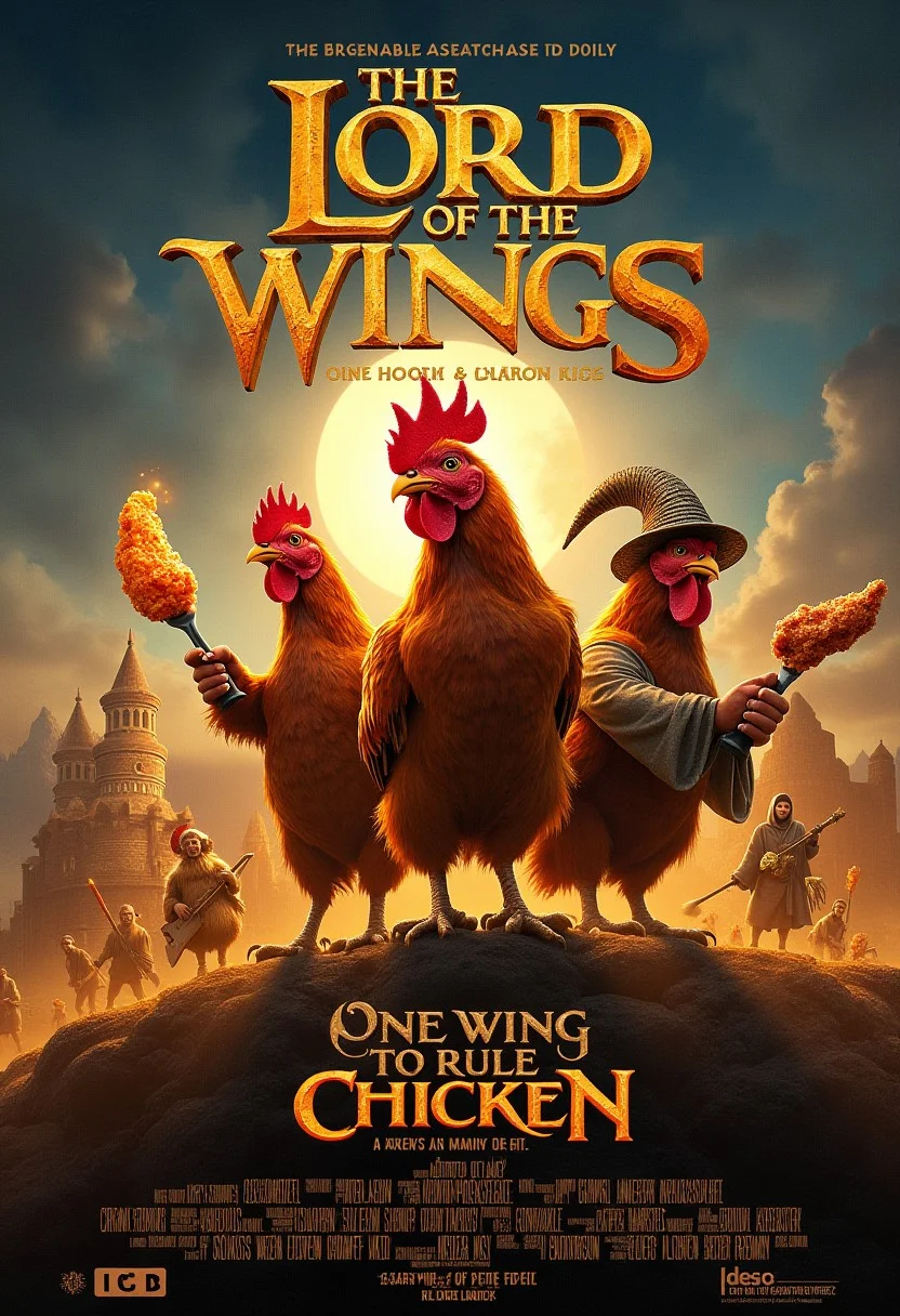 a parody movie poster for "The Lord of the Wings: Fellowship of the Chicken,"