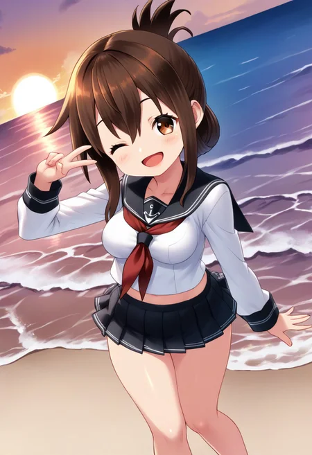 score_9,score_8_up,score_7_up,source_anime,anime, (nsfw:1.0), BREAK,
yapo,
1girl, inazuma \(kancolle\), (medium breasts), (shortstack:1.2), brown hair, folded ponytail, long hair, brown eyes, (tareme:1.2),
serafuku, black sailor collar, black mini skirt, long sleeves, neckerchief, sailor collar,
(smile), small open mouth, wink,
head tilt,
(angle:random),
outdoors, warm light, beach, sunset,