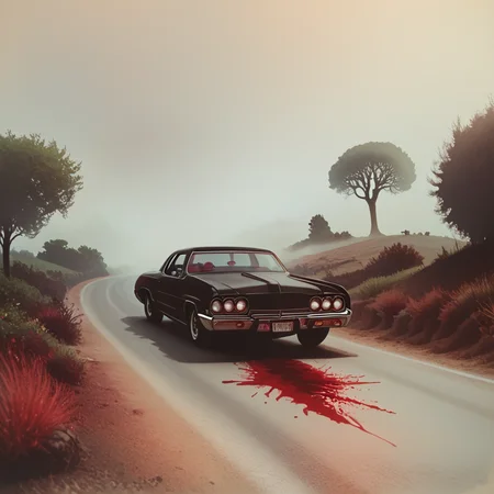 core_9, score_8_up, score_7_up, score_6_up, <lora:70s_Horror_MoviePony:1> ArsMovieStill, movie still from a 1970s horror movie, The image shows a black car parked on the side of a dirt road. The car appears to be a vintage model with a sleek design and chrome accents. It is parked in the middle of the road with a hill on the right side and a foggy sky in the background. On the left side of the image there is a person walking away from the car wearing a long black dress. The person is walking towards the car with their back towards the camera. The road is lined with shrubs and bushes on both sides and there is red paint splattered on the ground. The image has a sepia tone giving it a vintage feel., ground vehicle, car, motor vehicle, vehicle focus, outdoors, 1girl, scenery, blood, solo, tree