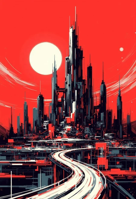 Special Ink-drawing mode, Mh1$AgThS2, intricate linework with expressive contrasts, inksketch in red and black of an advanced sci-fi cityscape, with gleaming towers and skyscrapers rising into a red sky