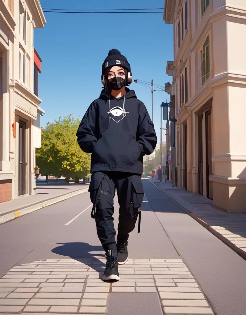 zPDXL2, <lora:TechwearV2:1>, t3chwear,
1girl, cute face, detailed eyes, long black hair, blue eyes, black face mask, black beanie, walking on a sidewalk, headphones, hands in pockets, full body