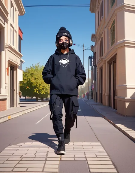 zPDXL2, <lora:TechwearV2:1>, t3chwear,
1girl, cute face, detailed eyes, long black hair, blue eyes, black face mask, black beanie, walking on a sidewalk, headphones, hands in pockets, full body