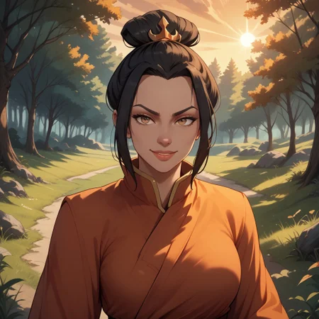 score_9, score_8, BREAK, solo, Azula, black hair, brown eyes, topknot, sidelocks, hair bun, single hair bun, sexy pose, self portrait, smile, outdoors, sunlight, shadows, evening lighting, natural lighting, forest, trees, grass, orange sky, sunset