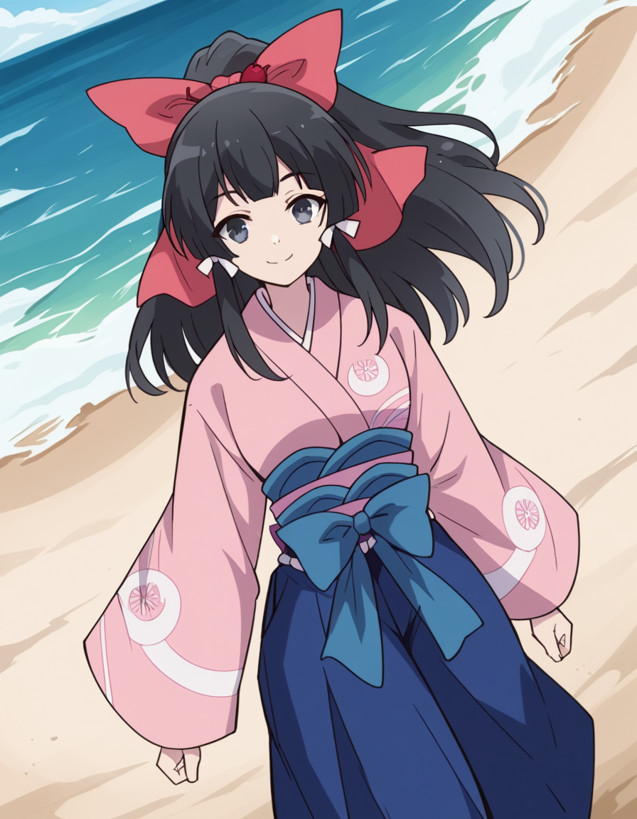 score_9, score_8_up, score_7_up, source_anime, <lora:yae-kokonoe-s2-ponyxl-lora-nochekaiser:1>, yae kokonoe, long hair, bangs, black hair, bow, ribbon, hair ribbon, ponytail, hair bow, black eyes, grey eyes, medium breasts,, skirt, japanese clothes, kimono, hakama, hakama skirt, pink kimono, beach, sunset, walking along shore, footprints in sand, waves, peaceful, smile, smile, looking at viewer, solo,, dutch angle, cowboy shot