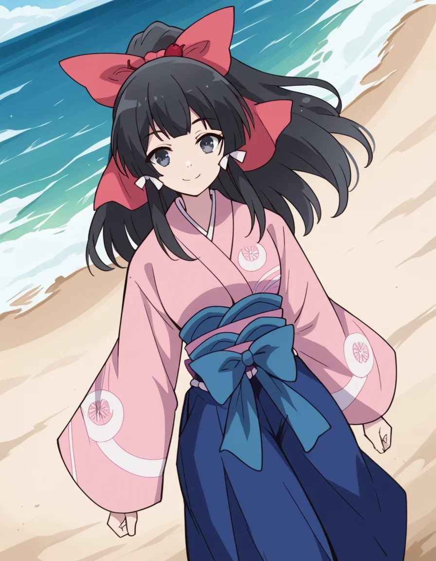 score_9, score_8_up, score_7_up, source_anime, <lora:yae-kokonoe-s2-ponyxl-lora-nochekaiser:1>, yae kokonoe, long hair, bangs, black hair, bow, ribbon, hair ribbon, ponytail, hair bow, black eyes, grey eyes, medium breasts,, skirt, japanese clothes, kimono, hakama, hakama skirt, pink kimono, beach, sunset, walking along shore, footprints in sand, waves, peaceful, smile, smile, looking at viewer, solo,, dutch angle, cowboy shot