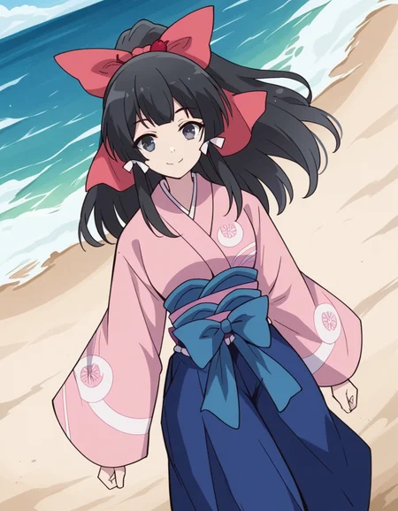 score_9, score_8_up, score_7_up, source_anime, <lora:yae-kokonoe-s2-ponyxl-lora-nochekaiser:1>, yae kokonoe, long hair, bangs, black hair, bow, ribbon, hair ribbon, ponytail, hair bow, black eyes, grey eyes, medium breasts,, skirt, japanese clothes, kimono, hakama, hakama skirt, pink kimono, beach, sunset, walking along shore, footprints in sand, waves, peaceful, smile, smile, looking at viewer, solo,, dutch angle, cowboy shot