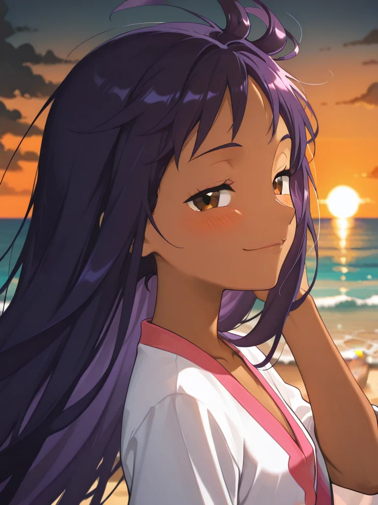 <lora:ILDetailer:1>(portrait:1.2), depth of field, horizon, ocean, twilight, orange light,
1girl, beach, barefoot, wind, hand in own hair, seductive smile,blush, half-closed eyes, from side,looking at viewer,
<lora:iris_champion_2:1.0> iri5cham1on,dark-skinned female, dark skin, brown eyes,
purple hair, very long hair, (alternate hairstyle,:1.3) (straight hair,:1.2)
white shirt, pink v-neck, <lora:Light_from_Below__Low_Angle_Lighting:1> lfb,Dark, High contrast, Dynamic lighting, Dramatic Lighting,, masterpiece, high quality, absurdres, best quality, very aesthetic, newest,