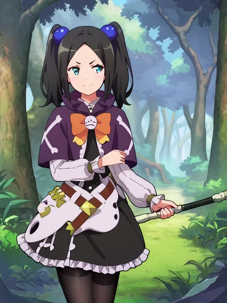holding staff with 2 hands, looking away, v-shaped eyebrows, smile, confident,
forest background,
<lora:Tokishikko_Pony:1> Tokishikko_Dana, blue_eyes, black_hair, long_hair, twintails, parted_bangs, small_breasts, hair bobbles, purple_capelet, black_dress, frills, black_pantyhose, belt, long_sleeves, orange_bow,, masterpiece,best quality, highly detailed, score_9, score_8_up, score_7_up, score_6_up,source_Anime,