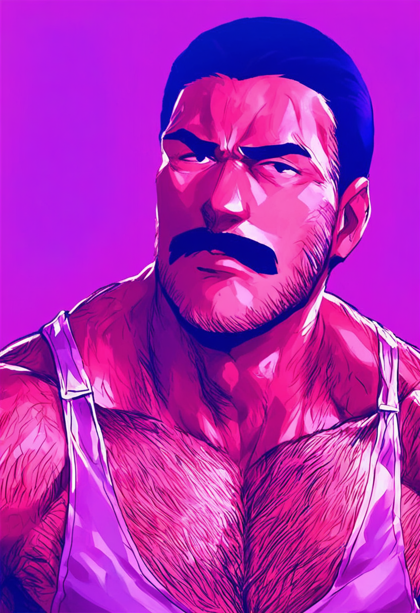 score_9, score_8_up, score_7_up, source_anime,  detailed background,  portrait, 1boy, cromartie, solo, black hair, slicked-back hair, mustache, white tanktop, hairy body, hairy face, muscular man, , <lora:Pony\style\title\cromartie.pony.safetensors:0.8:0.8> <lora:Pony\slider\StS_age_slider_v1_initial_release.safetensors:4.0:4.0>