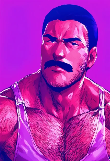 score_9, score_8_up, score_7_up, source_anime,  detailed background,  portrait, 1boy, cromartie, solo, black hair, slicked-back hair, mustache, white tanktop, hairy body, hairy face, muscular man, , <lora:Pony\style\title\cromartie.pony.safetensors:0.8:0.8> <lora:Pony\slider\StS_age_slider_v1_initial_release.safetensors:4.0:4.0>