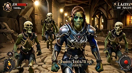 VG_SS, fake screenshot, english text,
(High Resolution), (More Details), (8K), (High Resolution)
Fake video game interface. 
Scrolled beat'em up.

1 girl, 
laezellora,  facial markings, green skin, body armor, leg armor, 
perfection style, 
(Faceshot_By_stable_yogi-v2)
 full body, zoomed out,exactly facing right  clenched fists,  ready for fist-fight. 

BREAK
and 3+ boys, 
skeleton, facing left , ready for fist-fight.

backdrop is a bloody arena, strong artificial lighting