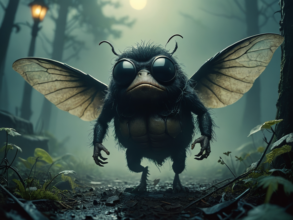 Utilizing Kodak Ektar 100 film, the eerie scene captured by a Pentax K1000 SLR camera with an SMC Pentax f/1.7 50mm lens at f/1.7 and a shutter speed of 1/125s, ISO 100, depicts a menacing comic-style horror fly. This grotesque creature features a fat, round hairy body, stubby tail, and oversized wings, paired with a human-like comic face adorned with sunglasses, a big round cartoon nose, and pointy ears. In a misty night setting, the fly with a mischievous demeanor is portrayed flying around a spooky and overgrown garden, leaving a trail of destruction in its wake. The atmosphere is thick with mist and smoke, enhancing the highly detailed and chilling nature of the scene.