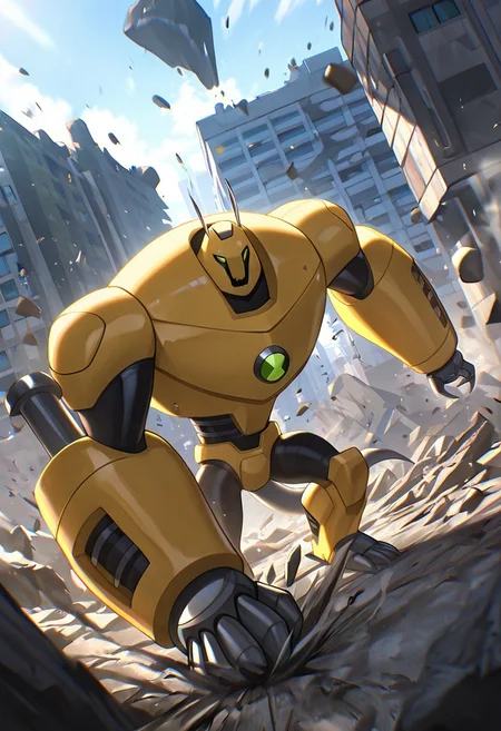 masterpiece, best quality, amazing quality, very aesthetic, absurdres, newest,, detailed background,
armadrillo, robot, claws, yellow armor, grey tail, antennae, green eyes, massive arms, yellow helmet, mecha
destroyed city, falling rocks, earthquake, daytime, punching ground,