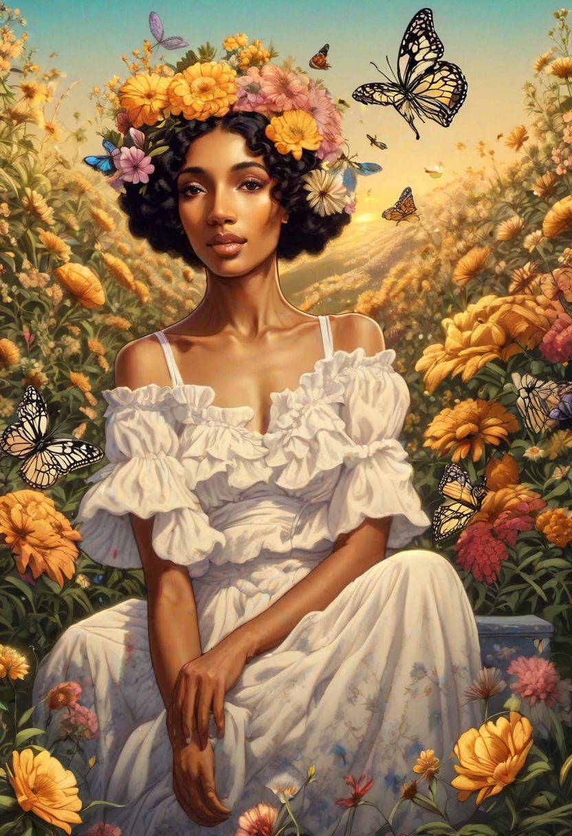 A beautiful woman face with flowers and butterflies, smiling, golden hour. The Harlem Renaissance style. Masterpiece, HD, 3D