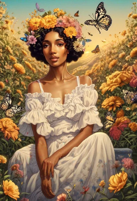 A beautiful woman face with flowers and butterflies, smiling, golden hour. The Harlem Renaissance style. Masterpiece, HD, 3D