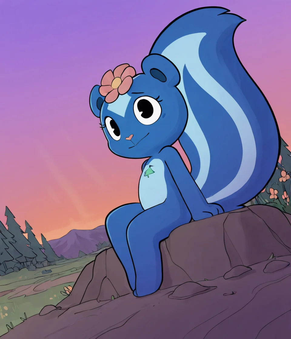 masterpiece, best quality, questionable, furry female, solo, petunia, chibi, blue fur, flat chest, skunk, flower, hiking, hike gear, green scenery, foliage, strive, sightseeing, stranded, deep woods, dusk, purple sky, light shafts, chromatic aberration, cute, detailed background, dutch angle, cinematic, (art by miles df:1.2)