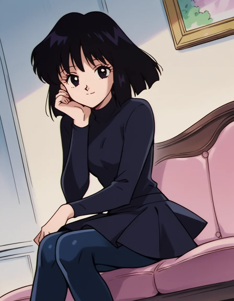 score_9, score_8_up, score_7_up, source_anime, <lora:hotaru-tomoe-s3-ponyxl-lora-nochekaiser:1>, hotaru tomoe, short hair, black hair, black eyes,, pantyhose, shirt, long sleeves, skirt, turtleneck,, indoors, smile, looking at viewer, solo, sitting, head rest,, cowboy shot, dutch angle