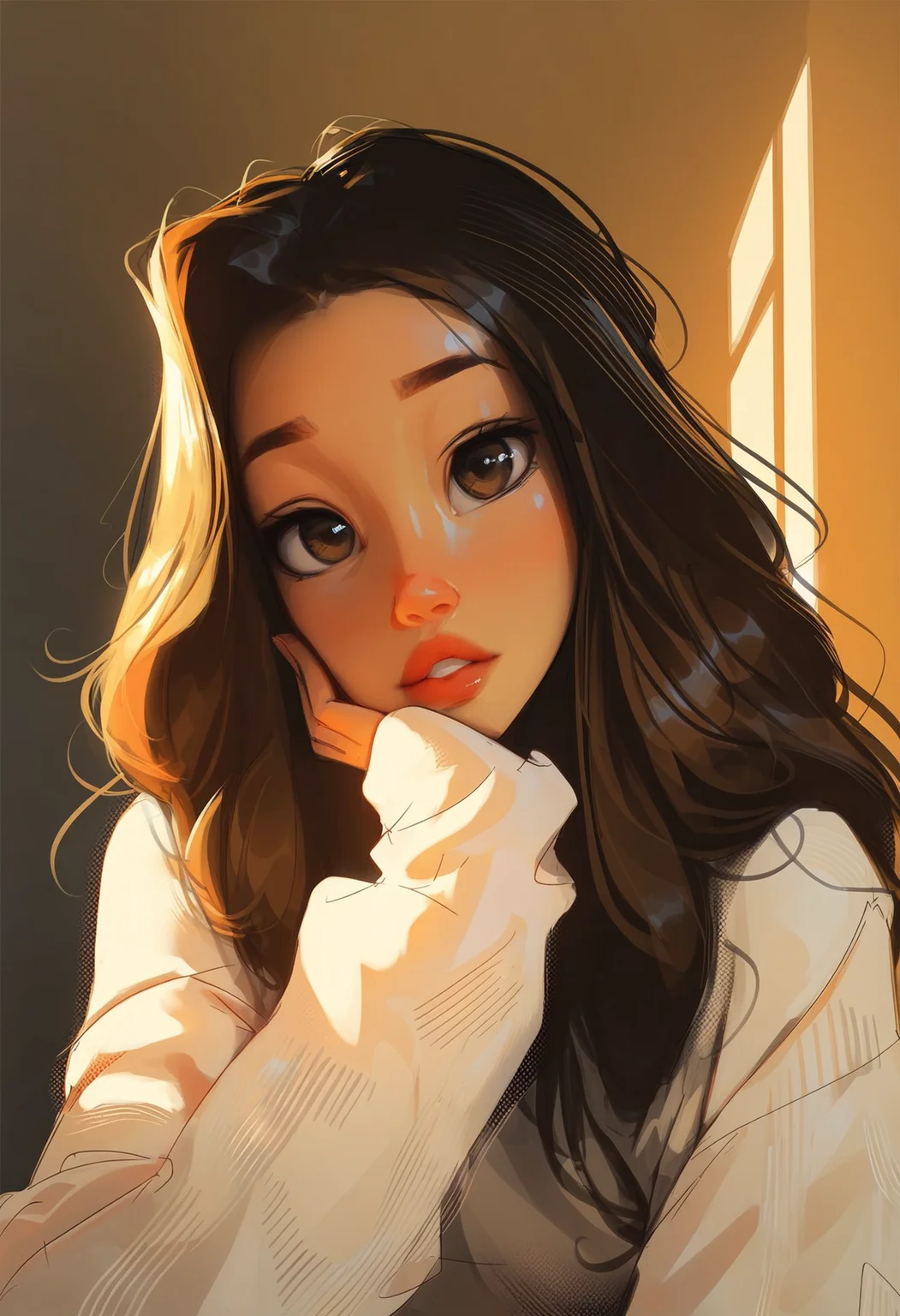 score_9, score_8_up, score_7_up, <lora:S4MY4NG-Latest:1>, S4MY4NG, 1girl, brown hair, looking at viewer, golden hour, warm lighting, brown eyes, sweater, long hair, leaning forward, foreshortening, pursed lips, hand on own chin