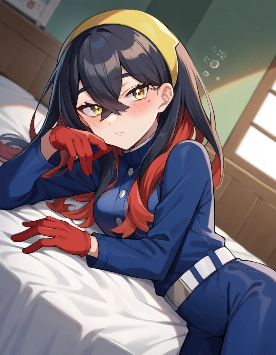 score_9, score_8_up, score_7_up, source_anime,
pokemoncarmine, <lora:pokemon-carmine-ponyxl-lora-nochekaiser:1>
pokemoncarmine, black hair, colored inner hair, crossed bangs, hair between eyes, hairband, long hair, mole, mole under eye, multicolored hair, red hair, sidelocks, two-tone hair, yellow eyes, yellow hairband,
buttons, long sleeves, jacket, gloves, red gloves, pants, belt, blue pants, blue jacket,
indoors, bed, bed room, on side, blush, drunk,
looking at viewer, cowboy shot, dutch angle,