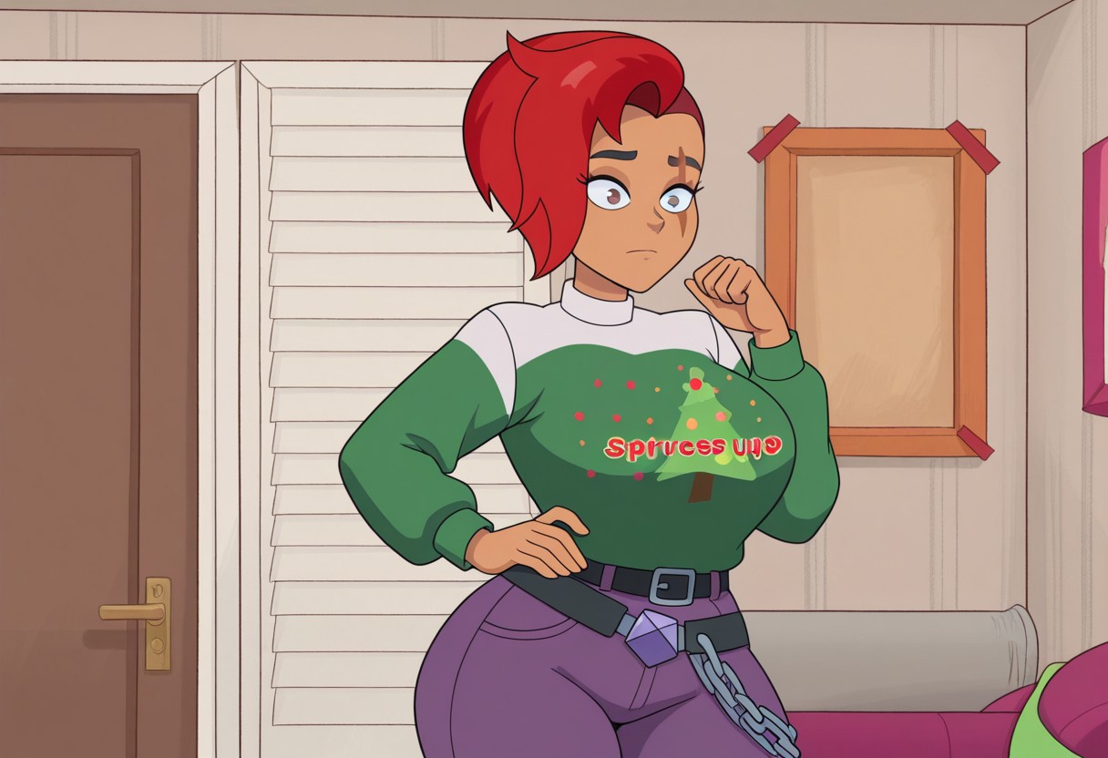score_9_up, score_8_up, masterpiece,amazing quality,best quality,ultra-detailed,8K,illustration, amazing quality,easynegative, score_7_up, the professor, 1girl, Red Hair, Belt, pants, Christmas Sweater, Sweater, big breast, wide hips, Short Hair, Muticolored hair, two-tone hair, dark skin,scar on face
