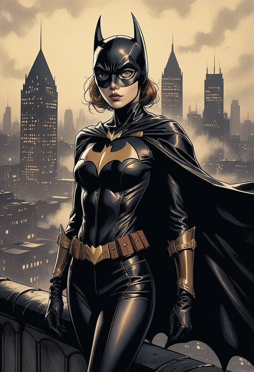 Ink illustration, (anime:0.5), aged black paper, 
close up, upper body, parted lips, slim build, refined beauty, medium round breasts
batgirl costume, tight leather bodysuit, flowing cape, knee-high boots, brass emblems, standing confidently, leather gloves, city skyline, steam vents, old-fashioned street lamps, moonlight.