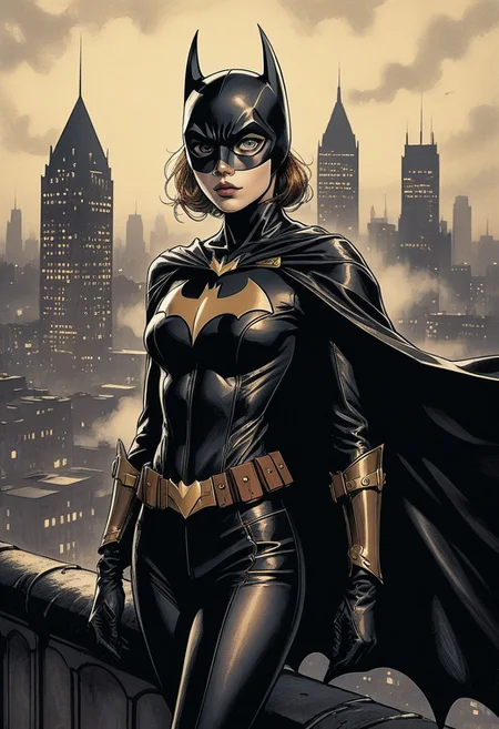 Ink illustration, (anime:0.5), aged black paper, 
close up, upper body, parted lips, slim build, refined beauty, medium round breasts
batgirl costume, tight leather bodysuit, flowing cape, knee-high boots, brass emblems, standing confidently, leather gloves, city skyline, steam vents, old-fashioned street lamps, moonlight.