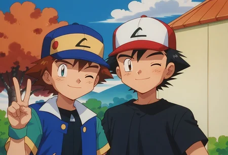 score_9, score_8_up, source_anime, highly detailed, 2boys, skinny
ash3, 1boy, hat, male focus, baseball cap, black hair, jacket, shirt, black shirt, smile, v sign, BREAK
richie2, 1boy, hat, smile, baseball cap, closed mouth, brown hair, short hair, wink, BREAK
outdoor, posing for a photo, upper body,