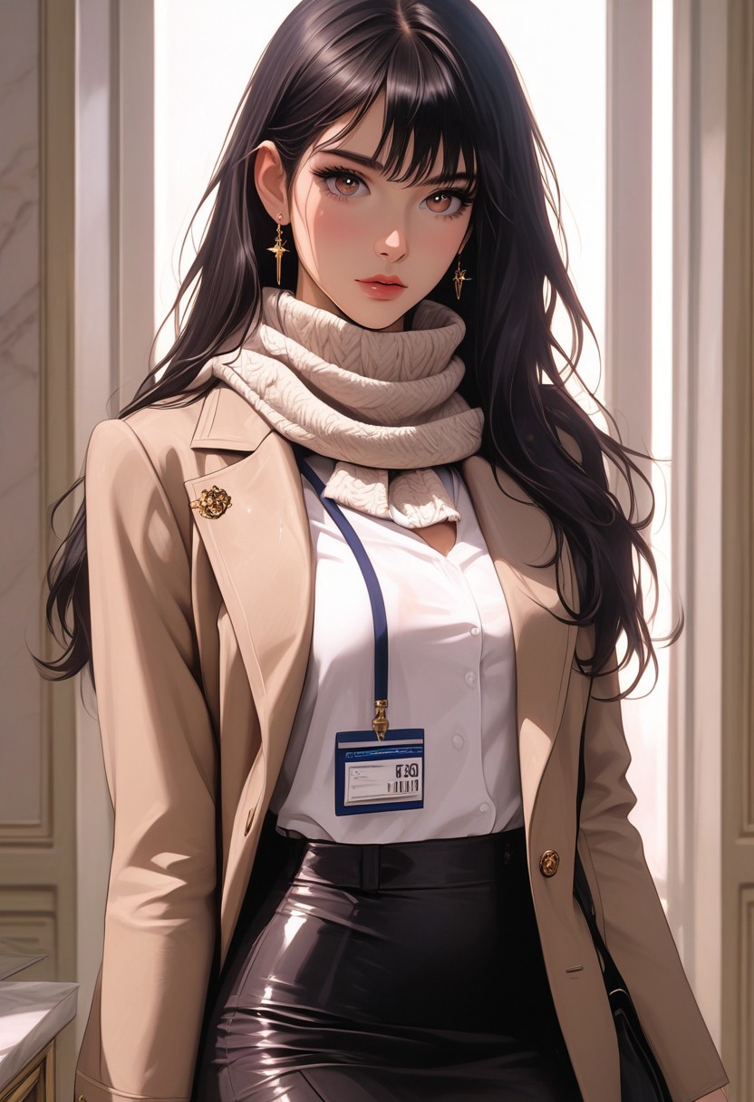 masterpiece,best quality, highly detailed, score_9, score_8_up, score_7_up, score_6_up, source_cartoon, medium shot, 1 girl, fit, beautiful, long wet hair, black hair, detailed face, light brown eyes, Luxury hotel lobby, fitted navy concierge blazer, pencil skirt, silk neck scarf & name tag