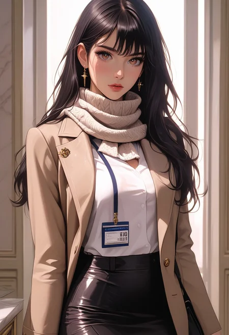 masterpiece,best quality, highly detailed, score_9, score_8_up, score_7_up, score_6_up, source_cartoon, medium shot, 1 girl, fit, beautiful, long wet hair, black hair, detailed face, light brown eyes, Luxury hotel lobby, fitted navy concierge blazer, pencil skirt, silk neck scarf & name tag