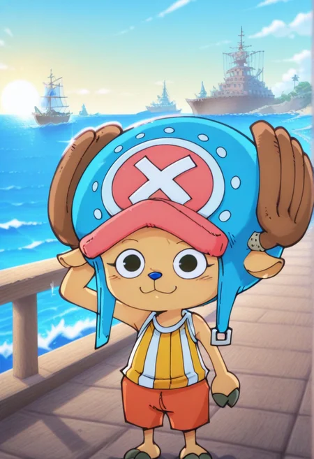 masterpiece, best quality, 1boy, solo, Funset, tony tony chopper, small chopper form, blue-pink hat, scratching head, proud, happy, sea, ship, island