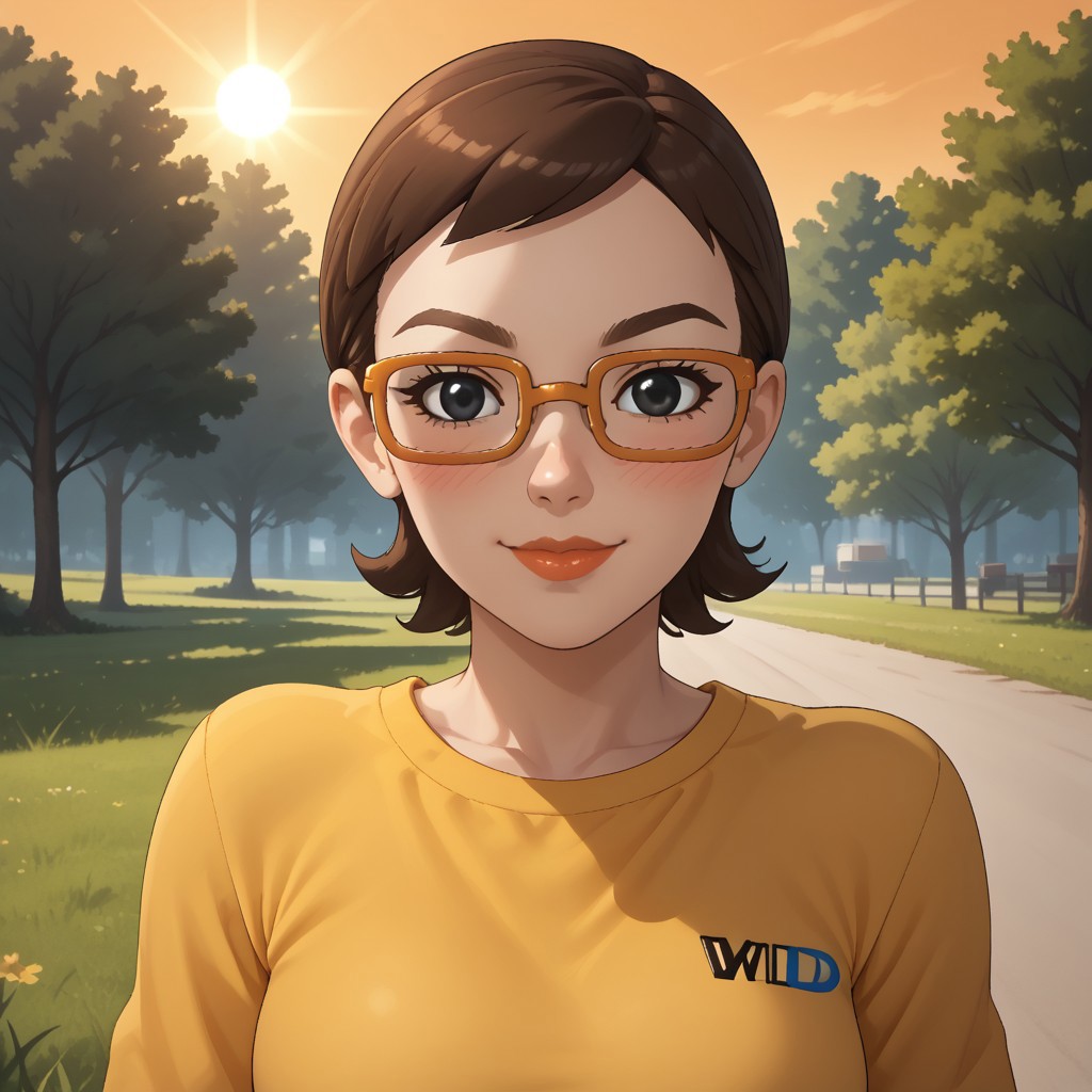 score_9, score_8, BREAK, solo, wii, mii, wii sports, 1girl, female mii, brown hair, orange glasses, black eyes, brown eyebrows, blush, lips, yellow clothing, white pants, cute, shoes, nintendo mii, modern_mii, classic_mii, breasts, Asami_(Wii_Sports), sexy pose, self portrait, smile, outdoors, sunlight, shadows, evening lighting, natural lighting, forest, trees, grass, orange sky, sunset