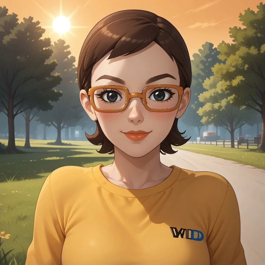 score_9, score_8, BREAK, solo, wii, mii, wii sports, 1girl, female mii, brown hair, orange glasses, black eyes, brown eyebrows, blush, lips, yellow clothing, white pants, cute, shoes, nintendo mii, modern_mii, classic_mii, breasts, Asami_(Wii_Sports), sexy pose, self portrait, smile, outdoors, sunlight, shadows, evening lighting, natural lighting, forest, trees, grass, orange sky, sunset
