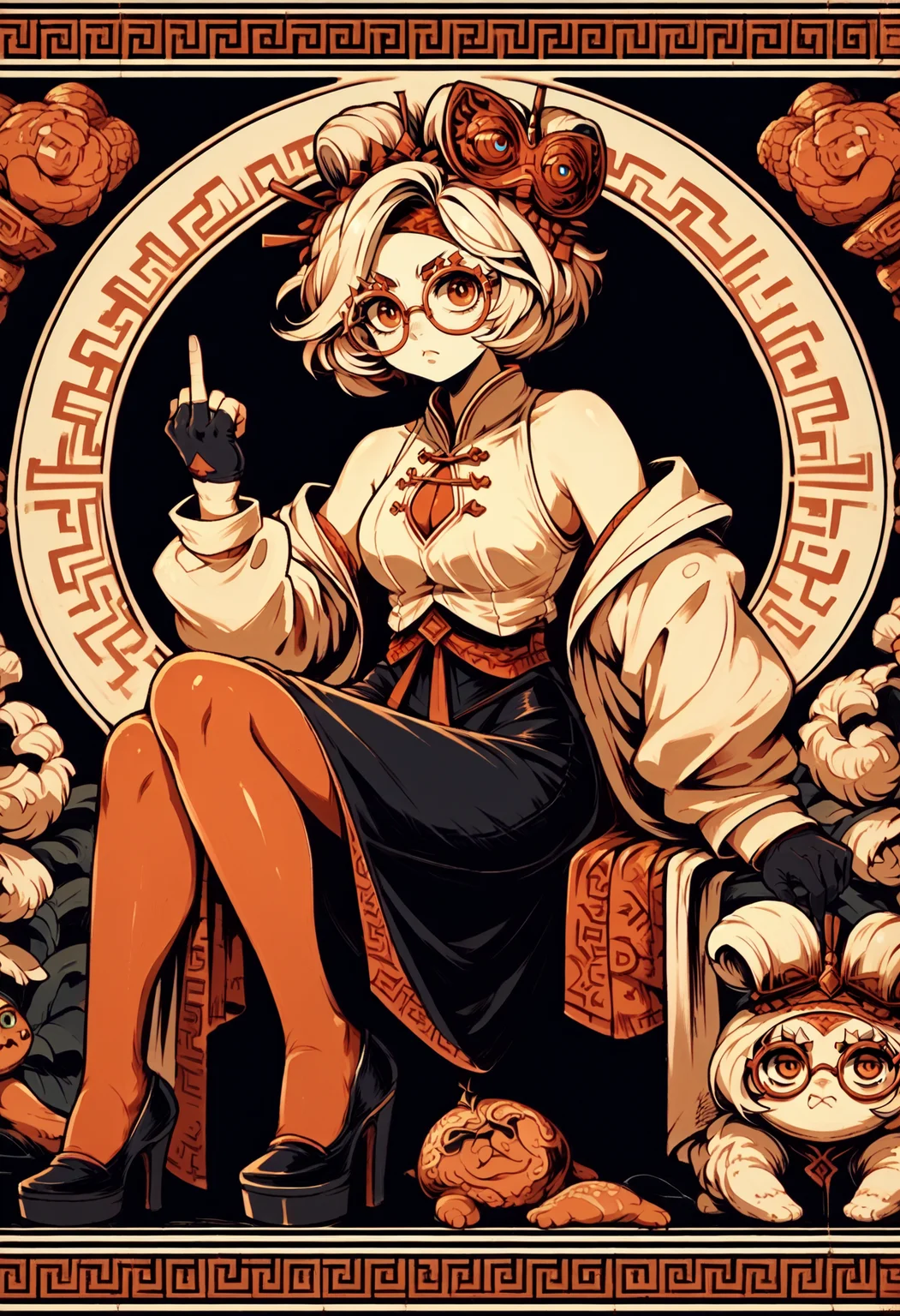 score_9, score_8_up,score_7_up, <lora:ElysnDrms_pdxl_EliPot:1>, limited palette, orange theme, black background,
<lora:purah-pdxl-nvwls-v1:1> purah, hair ornament, red headband, red glasses, sleeveless shirt, white coat, black skirt, red leggings, gloves, high heels, middle finger,